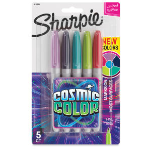 Sharpie Fine Point Permanent Markers - Set of 5, Cosmic Colors. Package front of five markers.