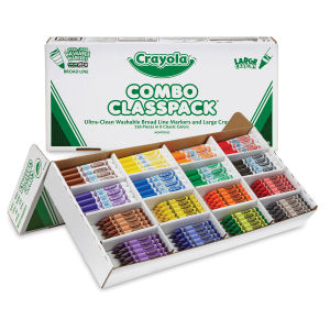 Crayola Combo Classpacks - Left Angled view of open storage box showing Large Markers and Crayons