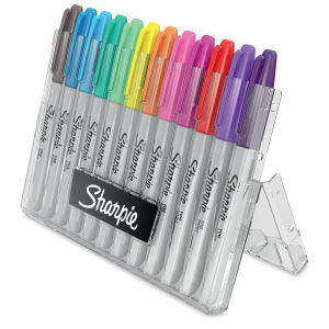 Sharpie Fine Point Permanent Markers - Set of 12, Hero Pack, Vibrant Colors. Easel lid holding open.