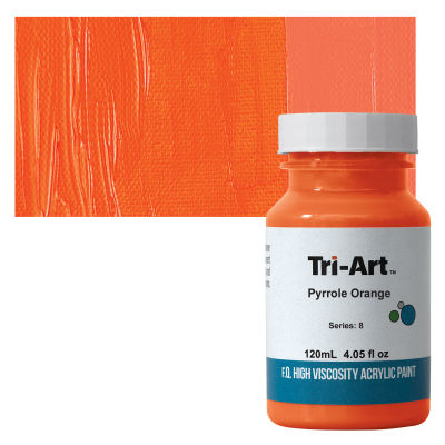 Tri-Art High Viscosity Artist Acrylic - Pyrrole Orange, 120 ml jar with swatch