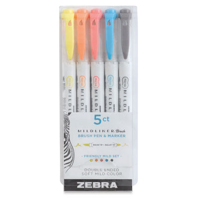 Zebra Mildliner Double Ended Brush Pens - Front of package of Set of 5 Friendly Colors