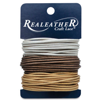 Realeather Round Leather Lace - Loop of Gold, Silver, and Copper cords on hang tag