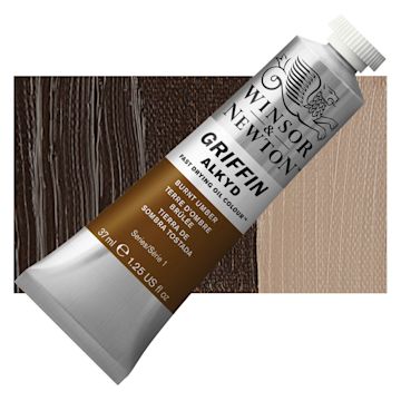 Open in modal - Winsor & Newton Griffin Alkyd - Burnt Umber, 37 ml tube and swatch