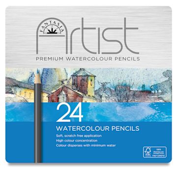 Open in modal - Fantasia Watercolor Pencils - Top view of tin of 24 Watercolor pencils