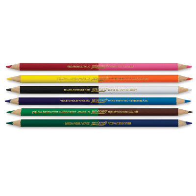 Prang Duo-Color Colored Pencils - Six dual tipped pencils showing 12 colors stacked horizontally