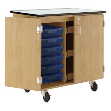 Open in modal - Diversified Spaces Write-n-Roll Cabinet - Oak/Royal (Side view, Cabinet open)