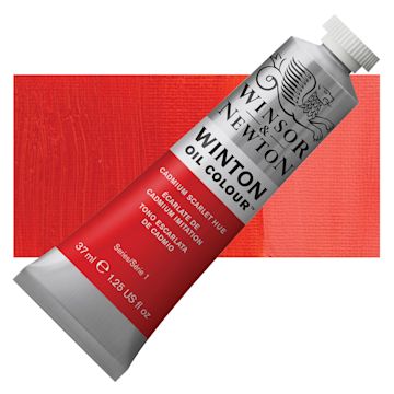 Open in modal - Winsor & Newton Winton Oil Color - Cadmium Scarlet Hue, 37 ml tube and swatch