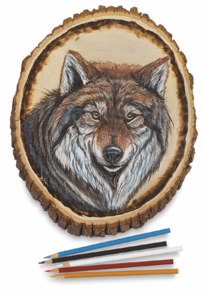 Walnut Hollow Basswood Shapes - Slice of Basswood trunk with Wolf Artwork made with colored pencils