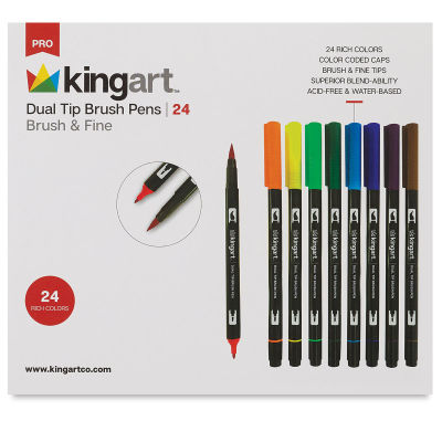 Kingart Dual Tip Brush Pen Set - Front of package of 24 shown