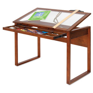 Studio Designs Ponderosa Table - shown accessorized with drawer open and Glass Top raised 
