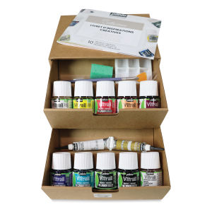 Pebeo Vitrail Paint - Collection Case, Assorted Colors, Set of 10, 45 ml bottles (In open box, set contents shown)