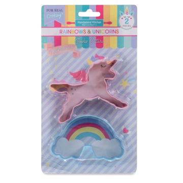 Handstand Kitchen Cookie Cutter Set - Rainbows and Unicorns, Pkg of 2, front of the packaging.