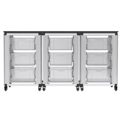 Modular Storage Cabinet, front view of the 3 side-by-side module with 9 large bins.