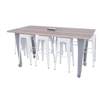 CEF Idea Island Work Table, 34" high with 8 white stools. 