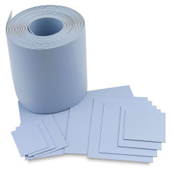 Blick Blue Easy-To-Cut - 50 Ft roll shown with various size sheets