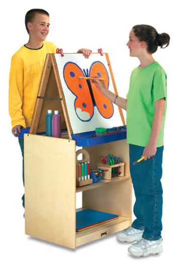 Jonti-Craft 2-Station Easel with storage shelves below - left angle view shows 2 pre-teens painting