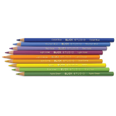 Blick Studio Artists' Colored Pencils. Stack of nine blue, red, orange, yellow, and green pencils.