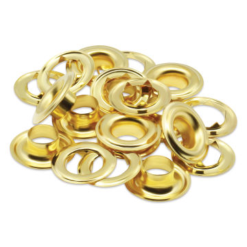 Dritz Eyelets - Ten Extra Large, Brass eyelets laid outside of the packaging