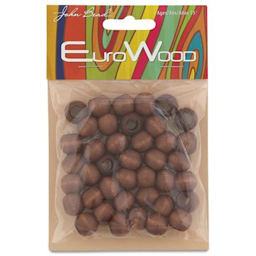 Open in modal - John Bead Euro Wood Beads - Dark Brown, Round Large Hole, 12 mm x 9.8 mm, Pkg of 40 - front of packaging