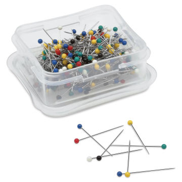 Dritz Ball Point Pins - Assorted Colors, Pkg of 240, pins laid out in front of opened carrying case
