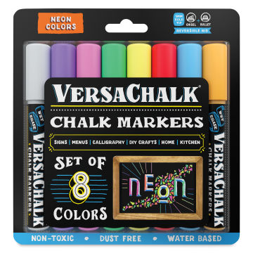 VersaChalk Liquid Chalk Markers - Set of 8, Neon Colors, Bold (front of packaging)