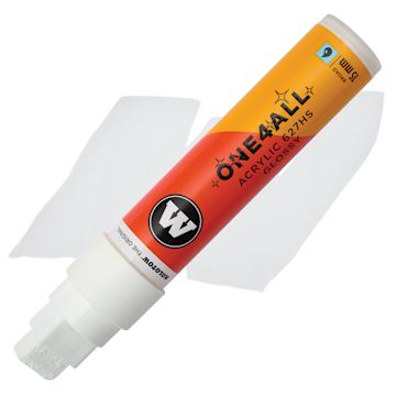 Open in modal - Molotow One4All Acrylic Marker - 15 mm Tip, White Glossy, Chisel Tip, swatch and marker