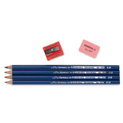 General's Semi-Hex Drawing Pencil Set - Components of set shown - 4 Pencils, eraser, and sharpener.