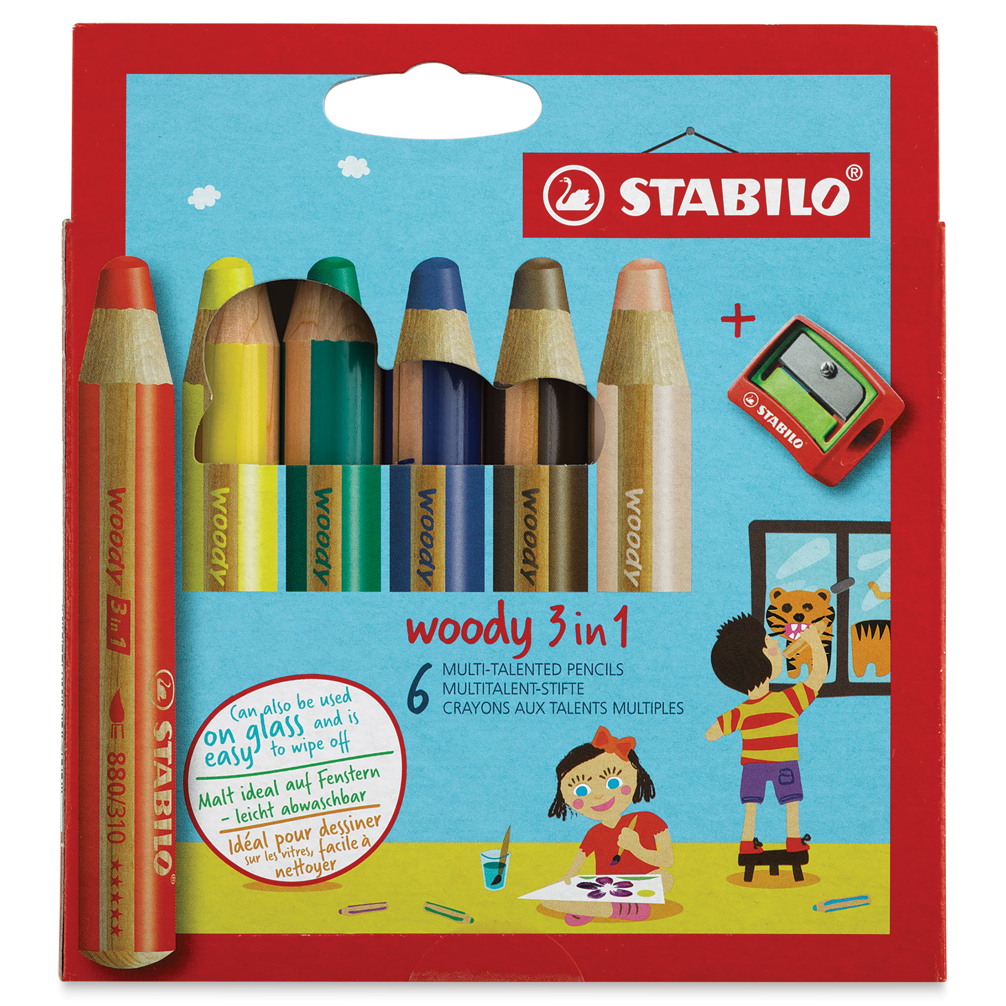 Stabilo Woody 3-in-1 Crayons de Couleur Lot de 6 + taille-crayon (+3 ans)