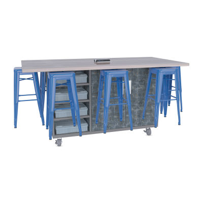 CEF Ed8 Work Table with Stools, 36"H table with royal blue stools and Paint Scrape Steel finish.