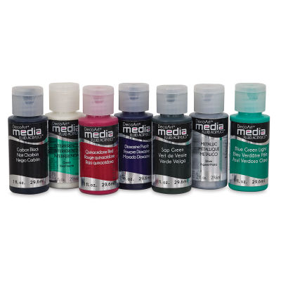 DecoArt Media Fluid Acrylics - Seven bottles of different colors shown
