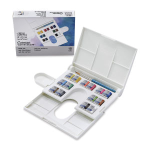 Winsor & Newton Cotman Watercolors - Compact Set, Assorted Colors, Set of 14, Half Pans (Open set shown with packaging)
