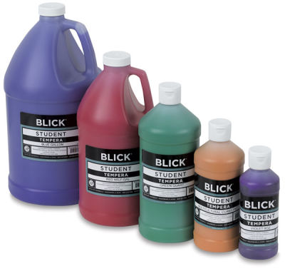 Blick Student Grade Tempera, various colors and sizes.