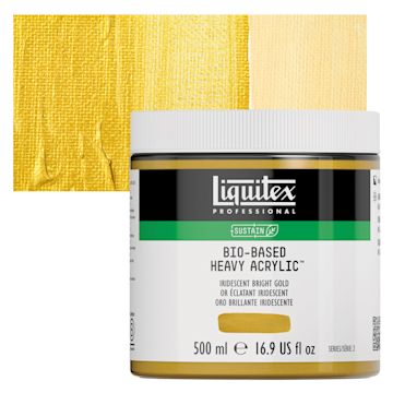 Open in modal - Liquitex Bio-Based Heavy Acrylic Paint - Iridescent Bright Gold, 500 ml jar and swatch