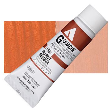 Open in modal - Holbein Acrylic Gouache - Burnt Sienna, 40 ml tube and swatch
