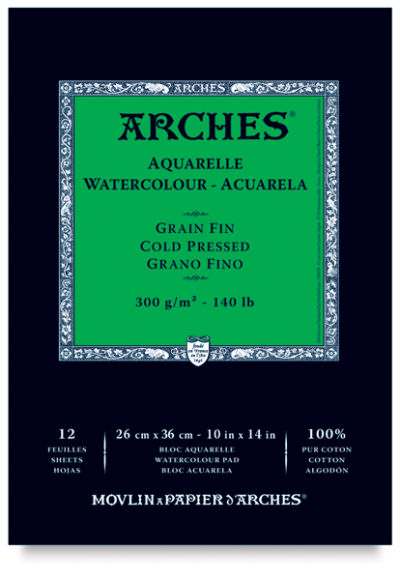 Arches Watercolor Pad - 10'' x 14'', 140 lb, Cold Press, Fold-over, 12 Sheets