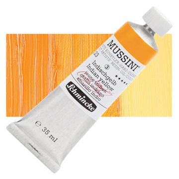 Open in modal - Schmincke Mussini Oil Color - Indian Yellow, 35 ml tube and swatch