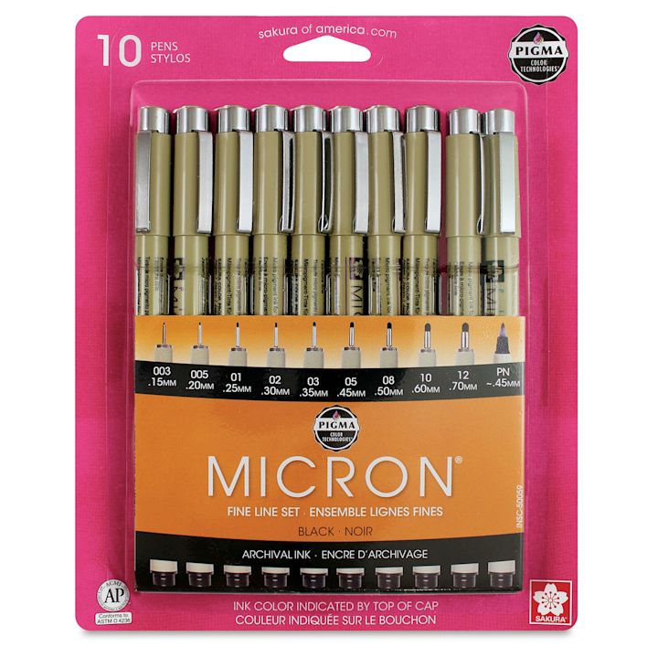 Sakura Pigma Micron Pens - Set of 10, Black, Fine and Bold Sizes ...