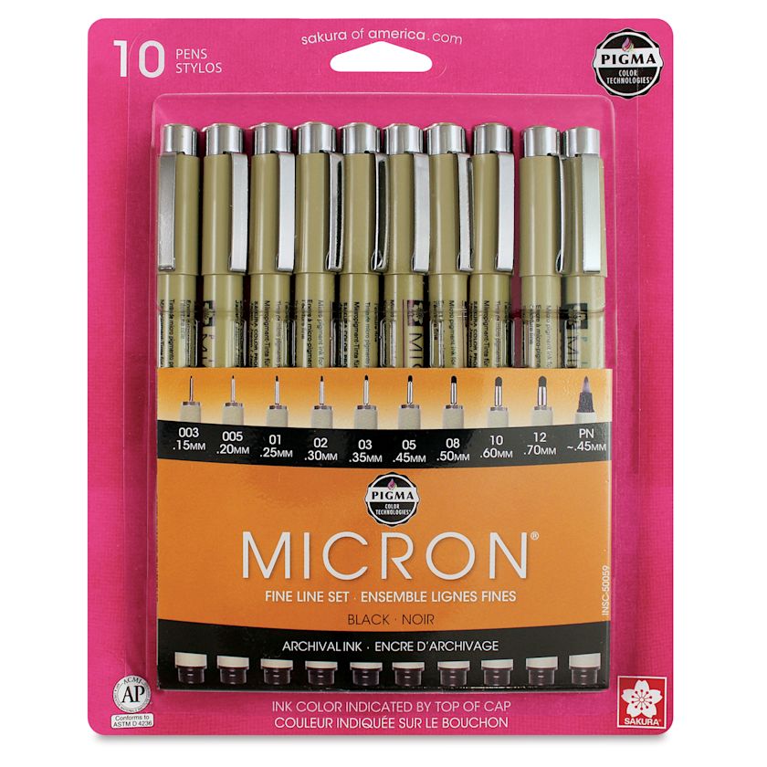 Sakura Pigma Micron Pens - Set of 10, Black, Fine and Bold Sizes ...