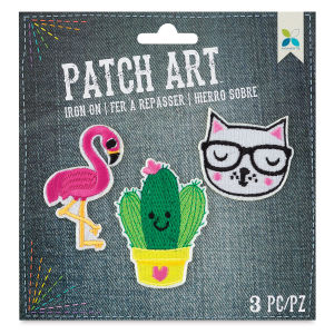 Momenta Iron-On Patch Art - Pkg of 3, Flamingo, Cactus, and Cat