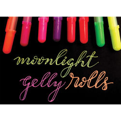 Sakura Gelly Roll Moonlight Pens - Set of 10 fluorescent pens on black paper with writing