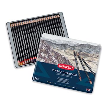 Open in modal - Derwent Tinted Charcoal Pencil Set - 24 pc Assorted Colors Set, Tin Box open slightly showing pencils