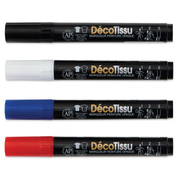Marvy Uchida DecoFabric Opaque Paint Markers - Primary Colors, Set of 4, laid out with caps on