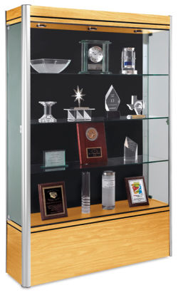 Contempo 48" Display Case-side view showing locking door, 3 glass shelves, maple/satin finish