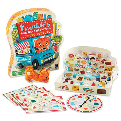 Educational Insights Frankie's Food Truck Fiasco Game, contents laid out in front of the packaging.