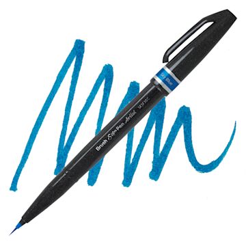 Open in modal - Pentel Arts Micro Brush Tip Sign Pen -  Sky Blue pen and swatch