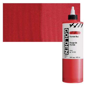 Golden High Flow Acrylics - Pyrrole Red, 16 oz bottle with swatch