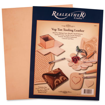 Realeather Veg-Tan Tooling Leather - Natural Cowhide, 8-1/2" x 11", front of the packaging