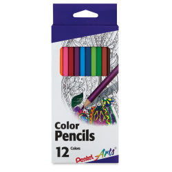 Pentel Arts Color Pencil Sets - Front of package of 12 pencils showing some colors thru window