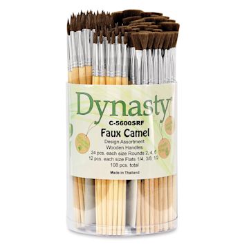 Open in modal - Dynasty Faux Camel Watercolor Canister - Front view of 108 pc Flat and Round Brush canister