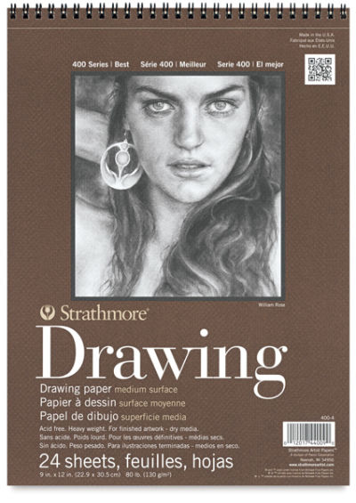 Strathmore 400 Series Drawing Paper Pads - 9" x 12", 24 sheets. Front of spriral bound pad.